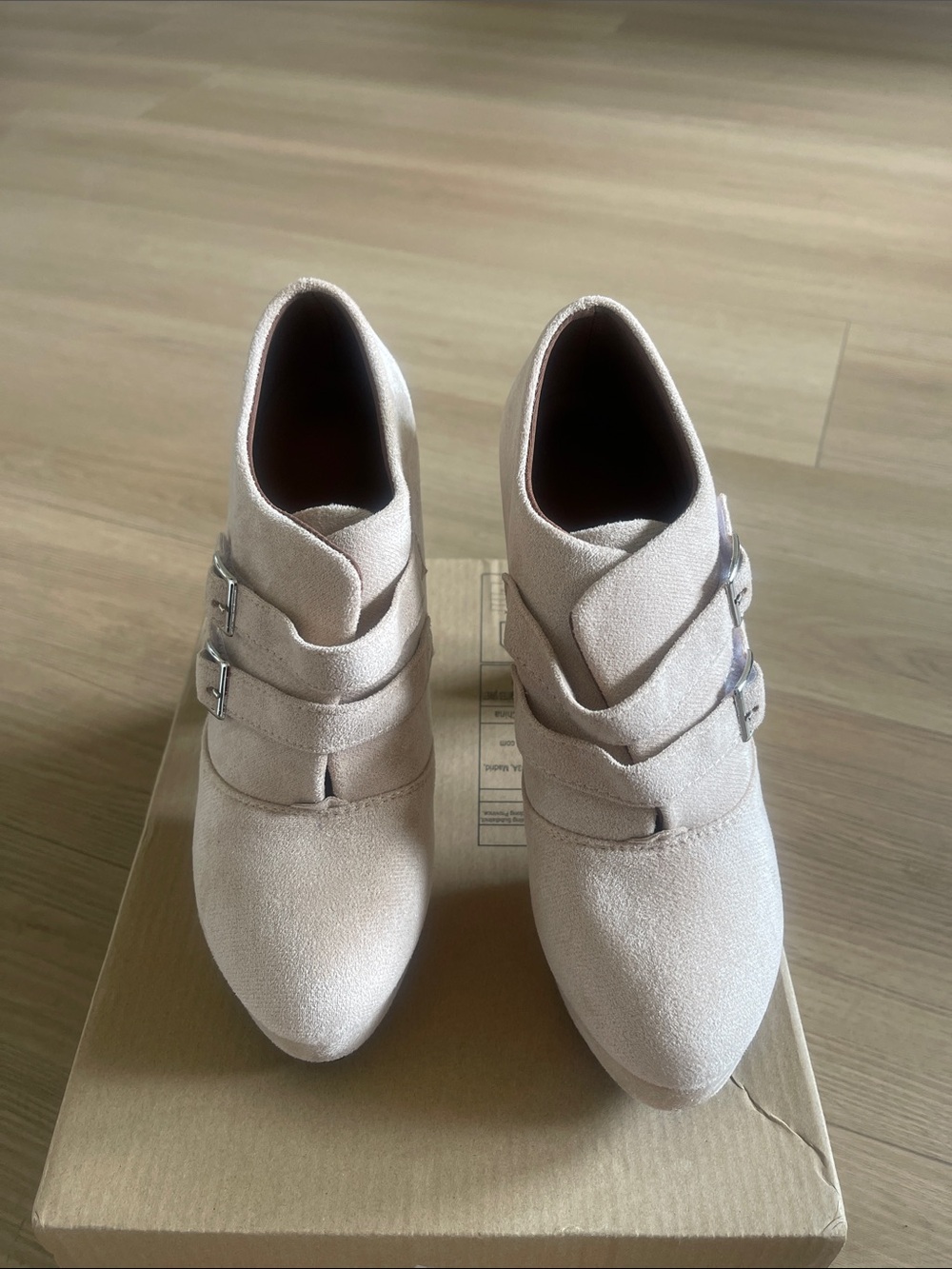 Women's Suede Buckle Ankle Booties in Light Beige